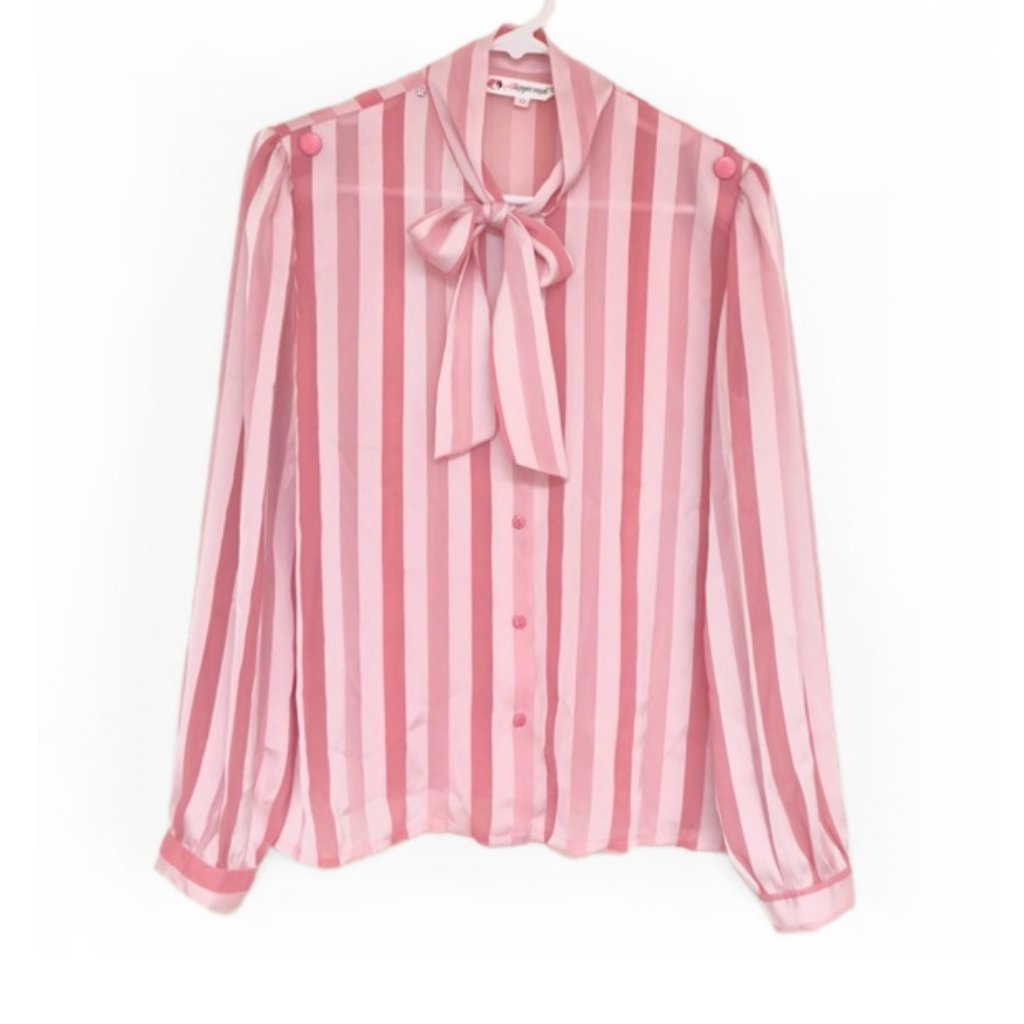 Vintage Pink Stripe Neck Bow Blouse Top Vtg